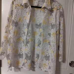 Alfred Dunner Floral Lace Blouse - White, Yellow, Gray